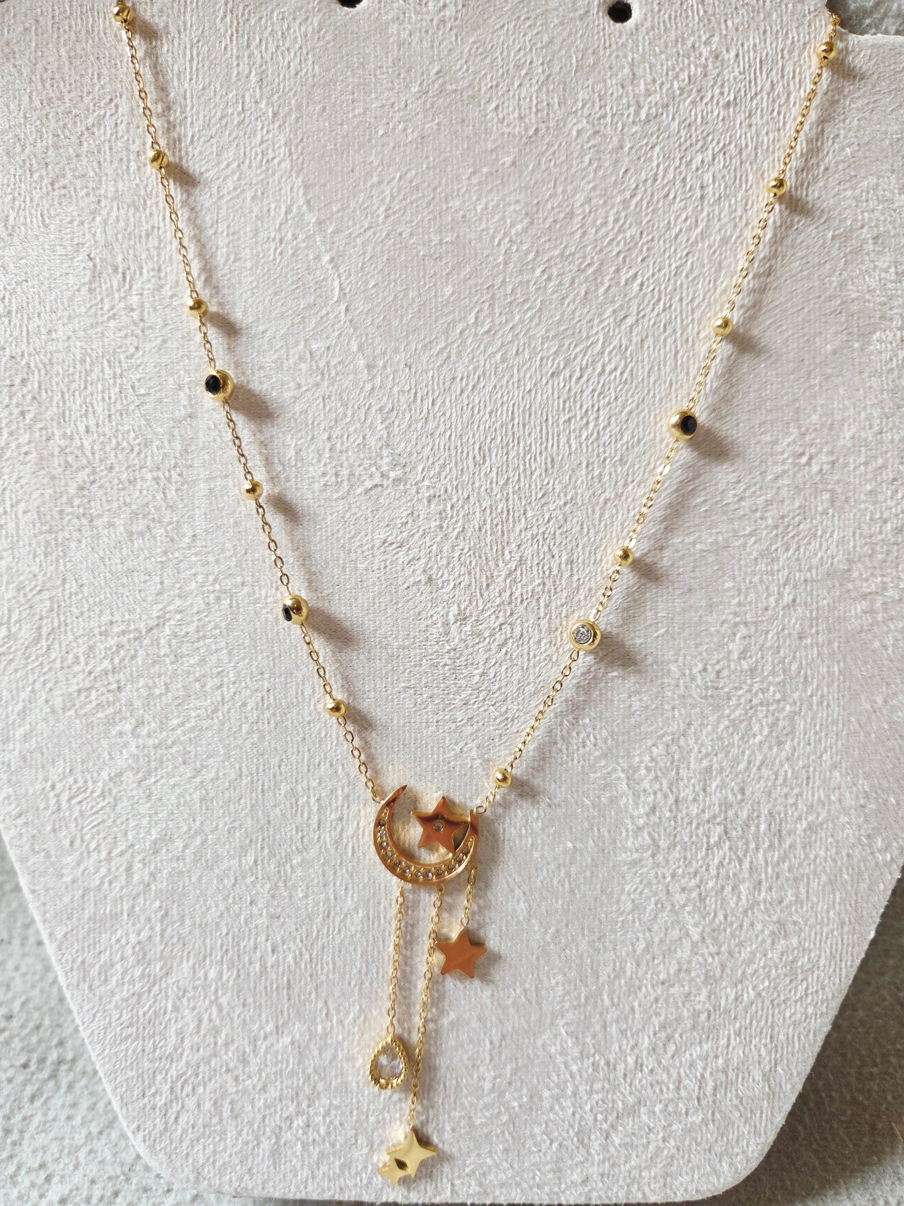 Collier doré Céleste lune et étoiles en acier inoxydable