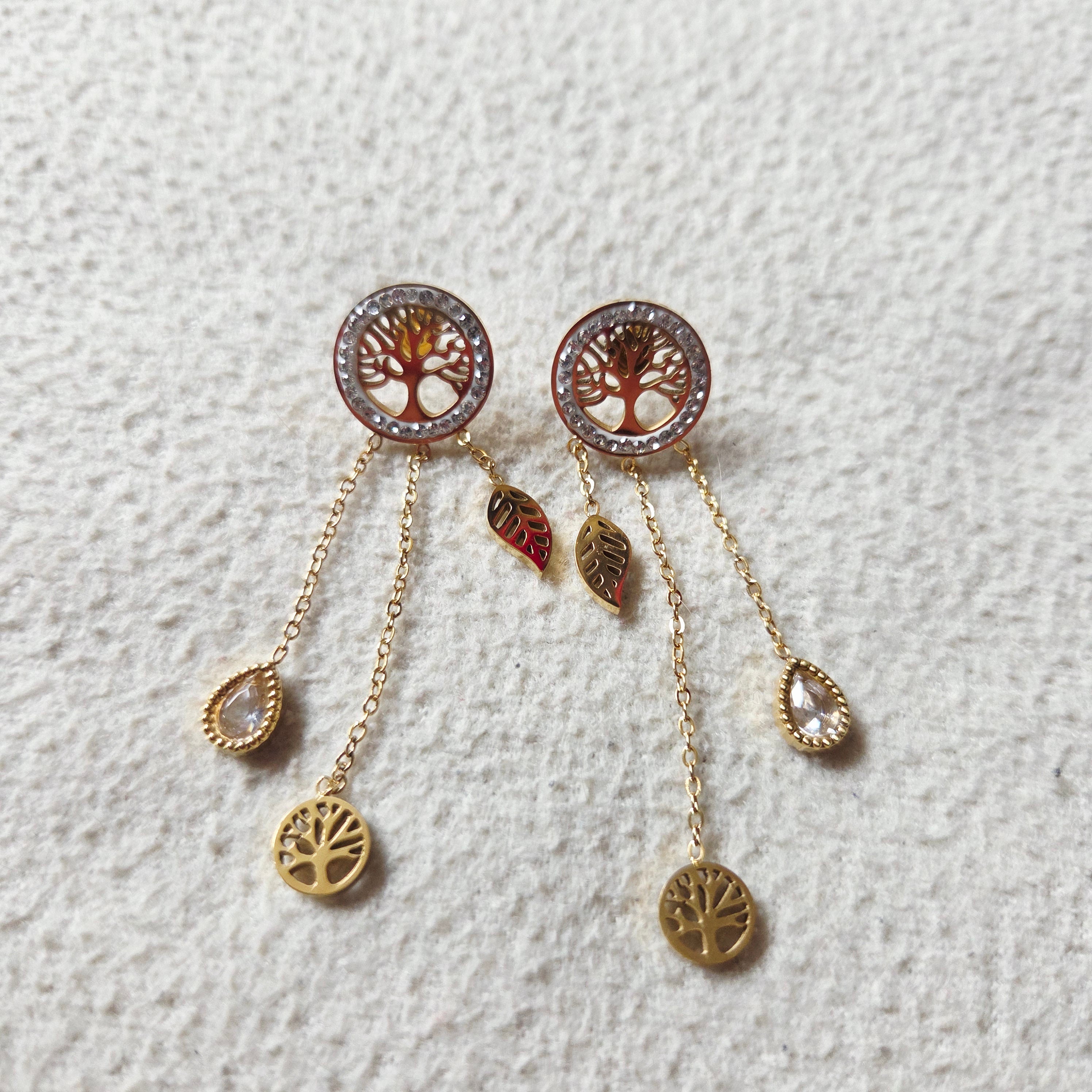 Boucles d’oreilles arbre de vie doré  Ambre