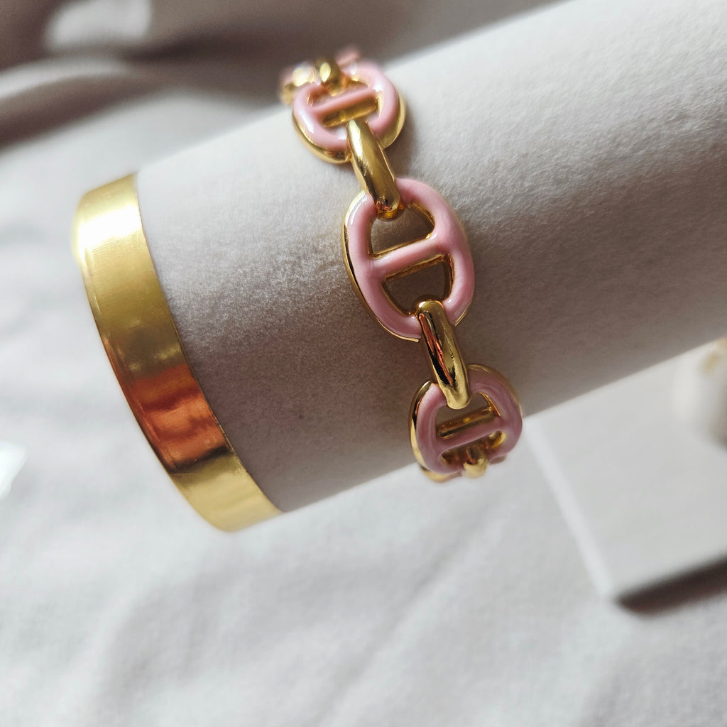 Bracelet maillons ovales en  doré et émaillé  rose Klara