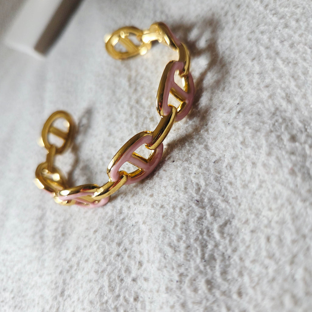 Bracelet maillons ovales en  doré et émaillé  rose Klara