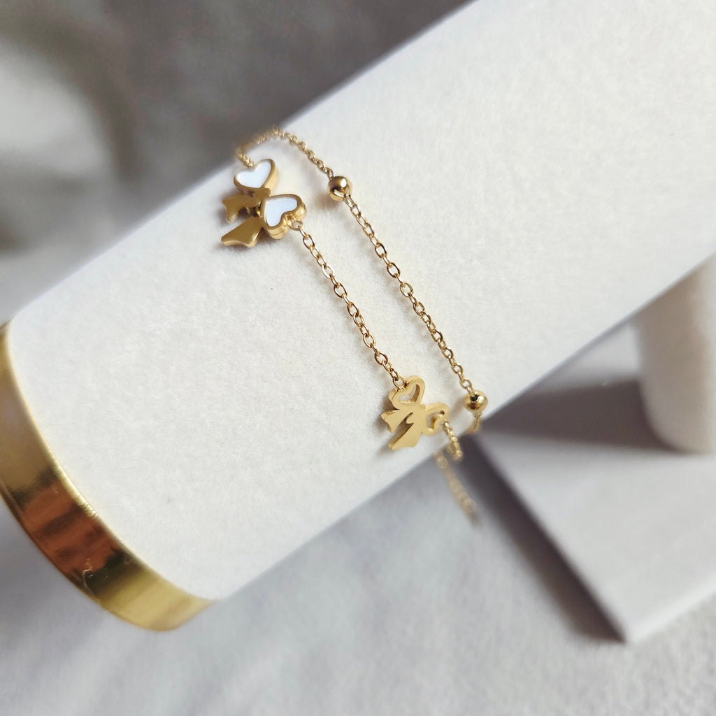 Bracelet Double Chaîne Charms Cœur & Nœud