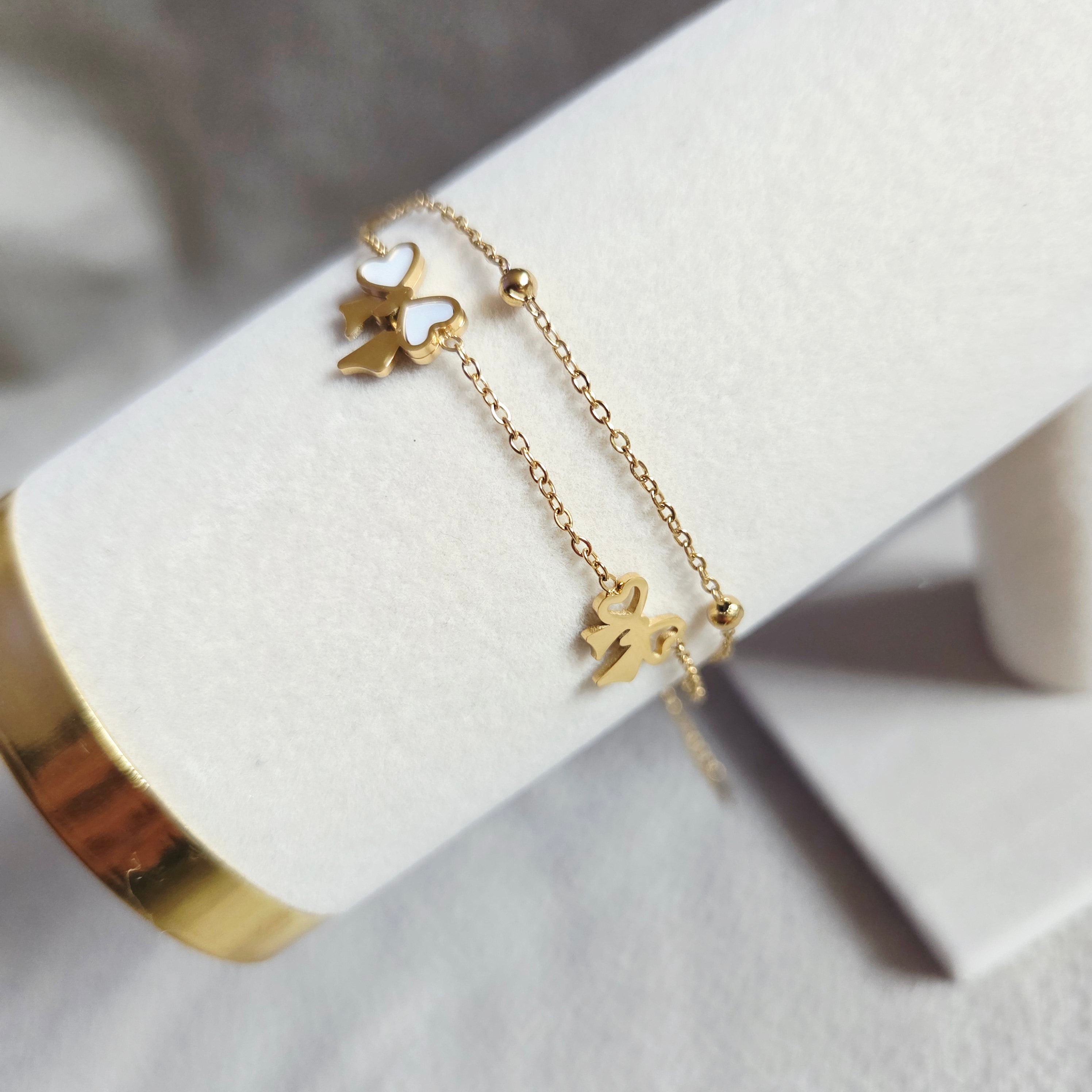 Bracelet Double Chaîne Charms Cœur & Nœud