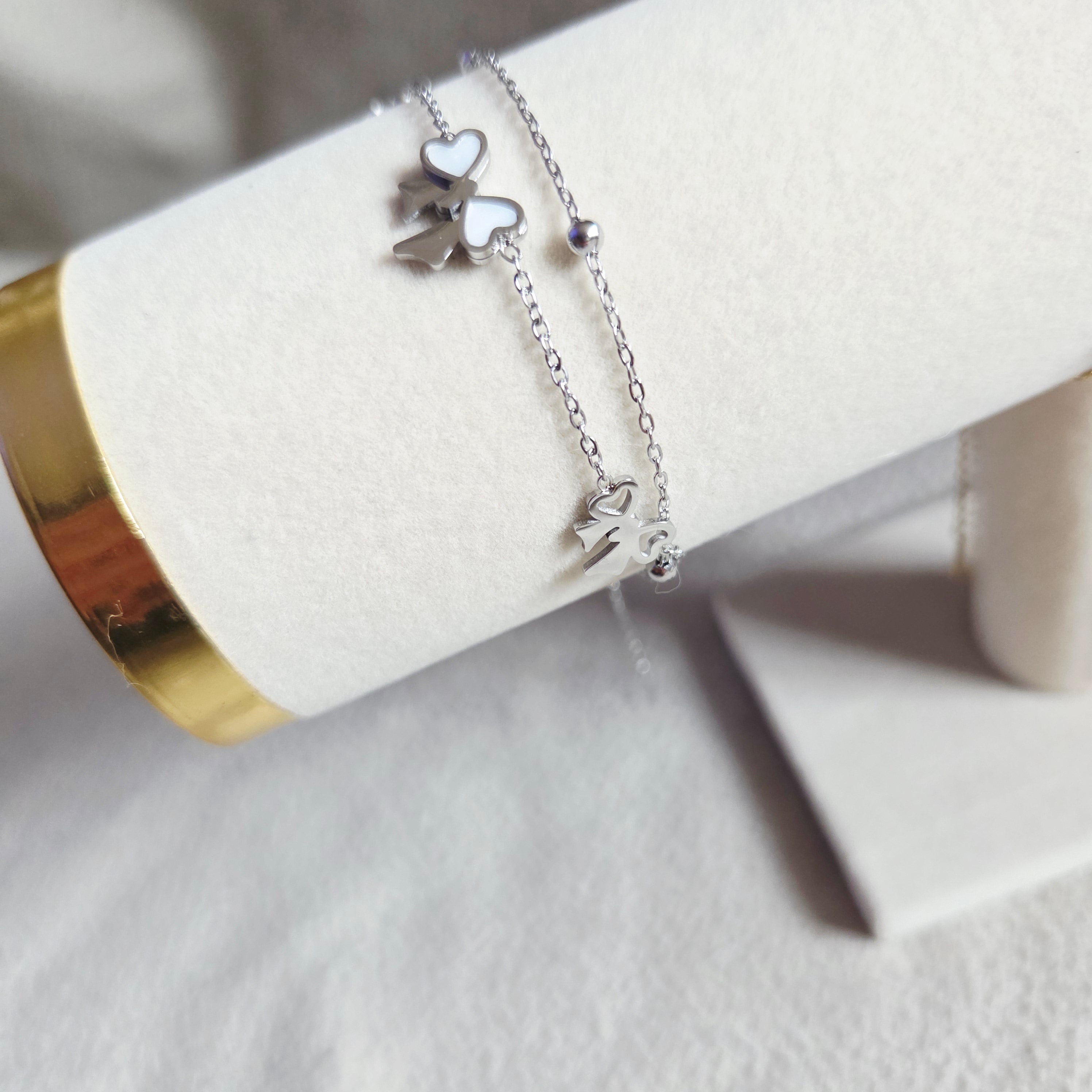 Bracelet Double Chaîne Charms Cœur & Nœud