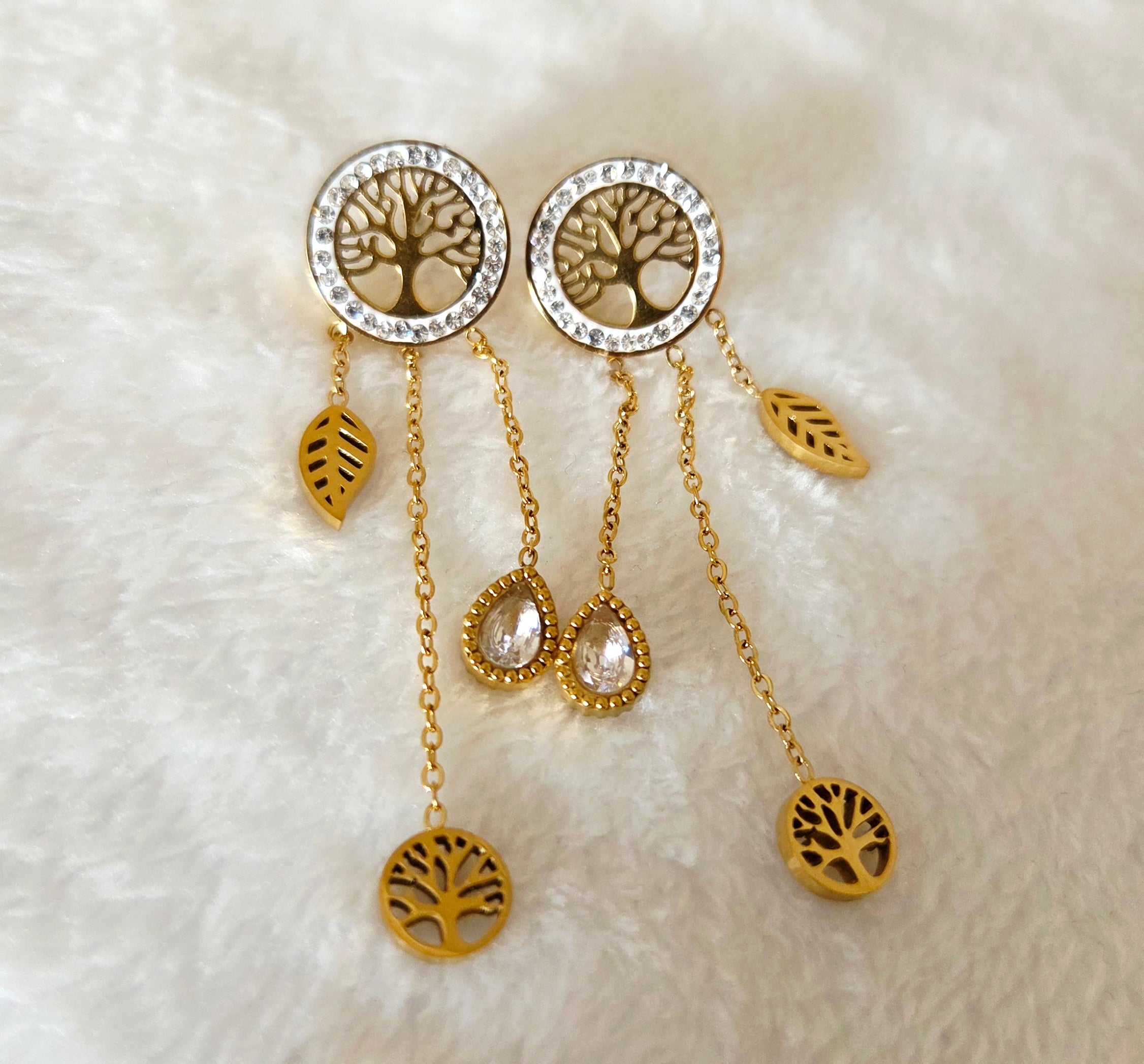 Boucles d’oreilles arbre de vie doré  Ambre