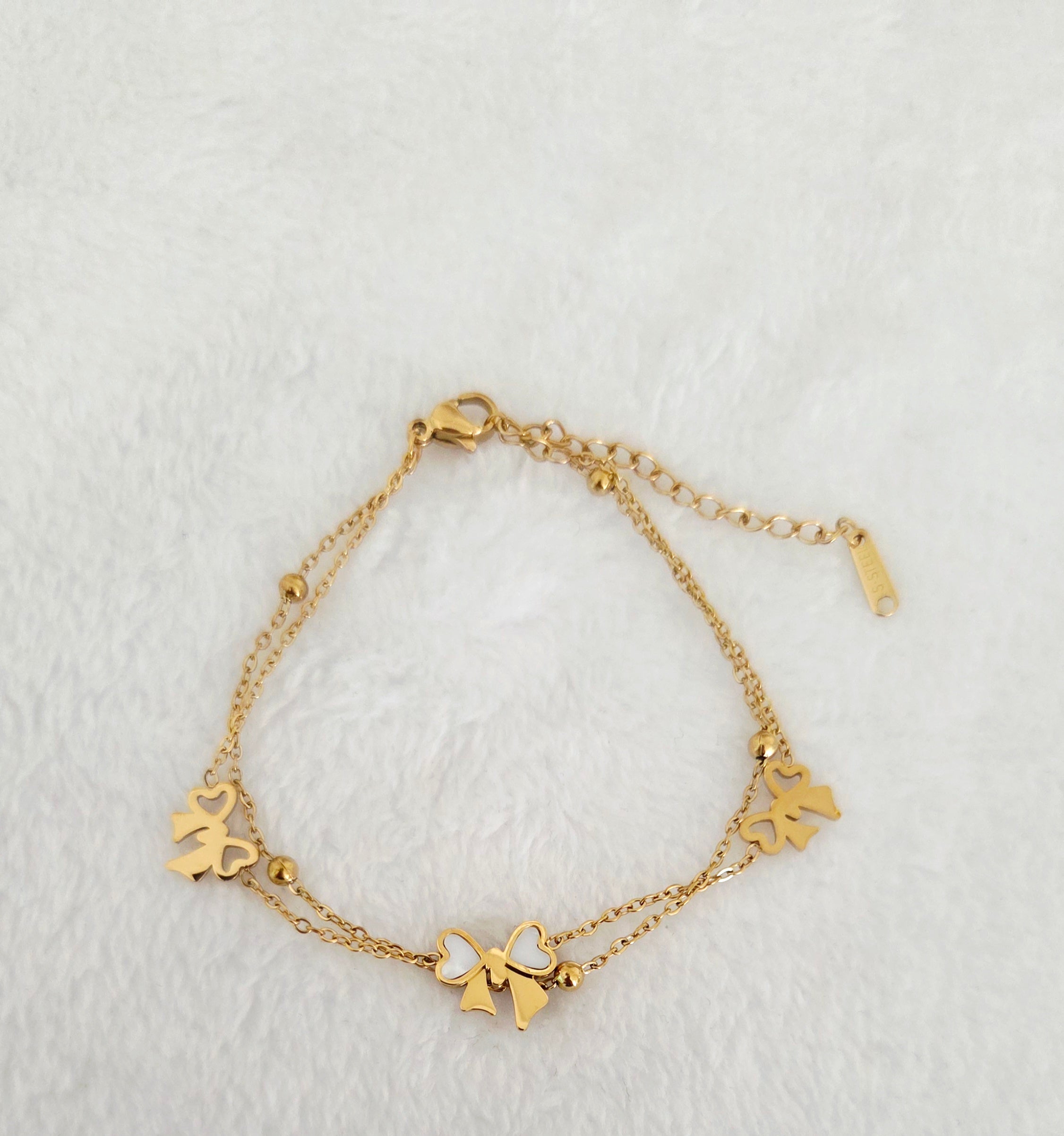 Bracelet Double Chaîne Charms Cœur & Nœud