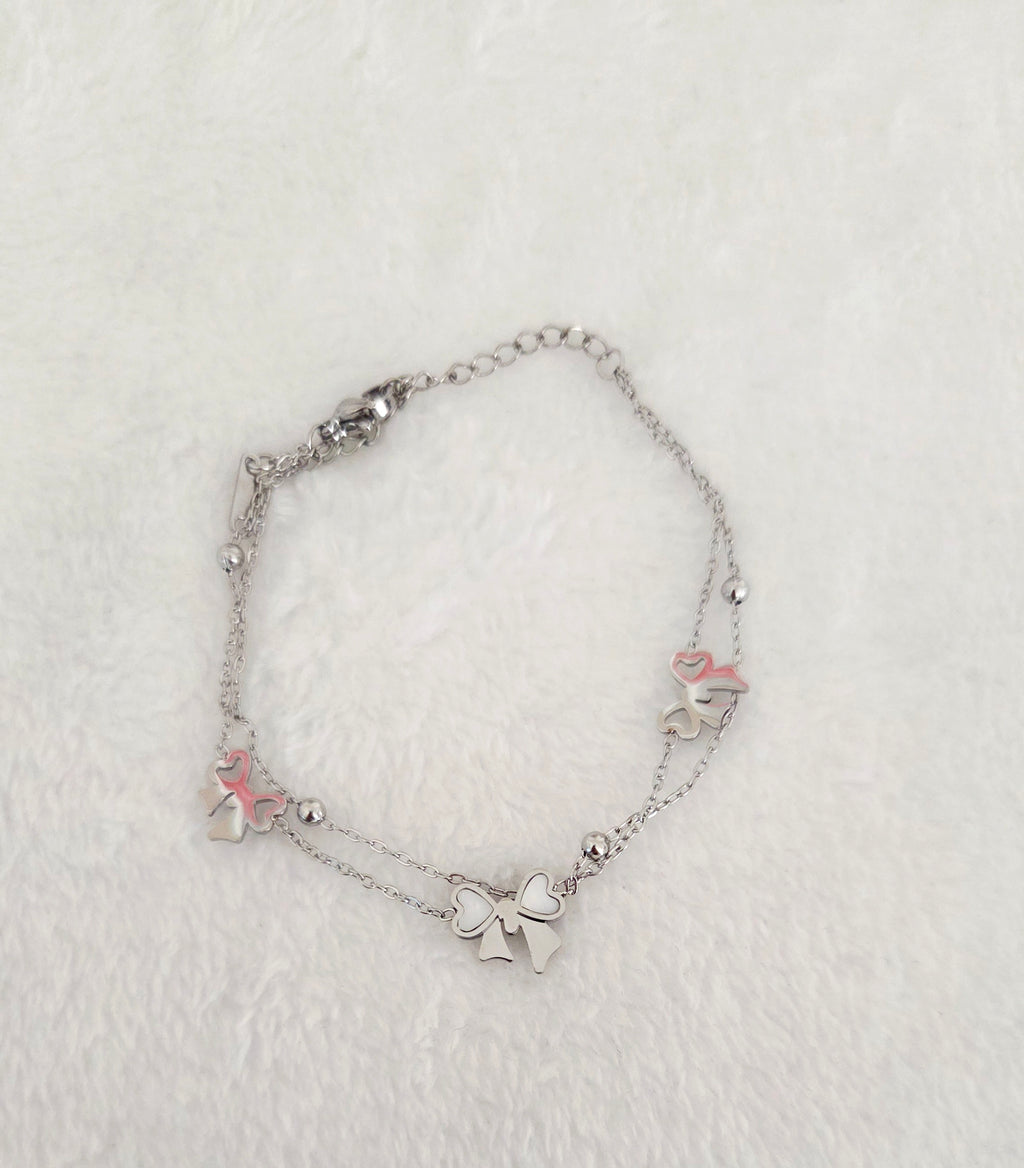 Bracelet Double Chaîne Charms Cœur & Nœud